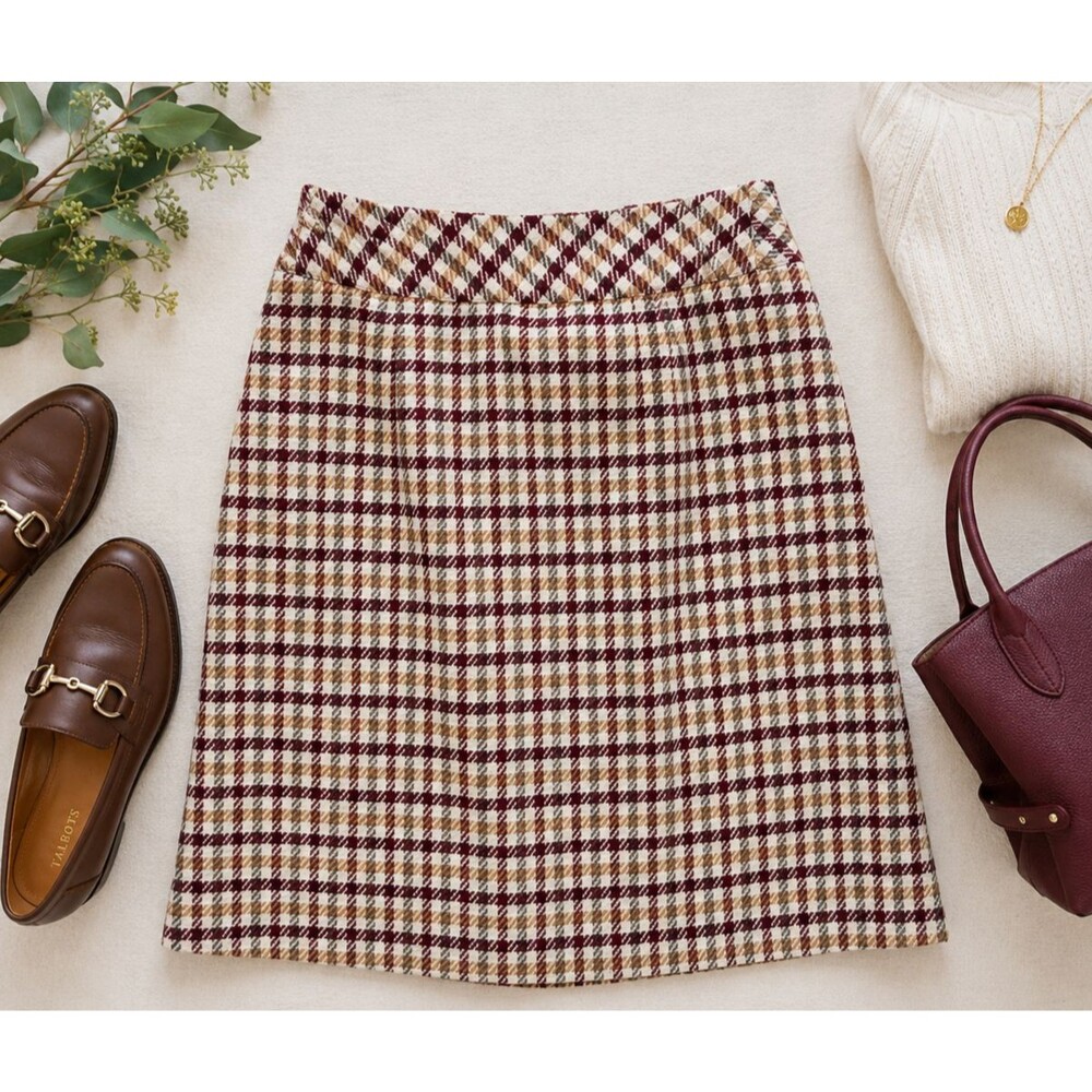 Talbots Petites 12P Burgundy Plaid Wool Blend Skirt Lined A-Line Career Preppy